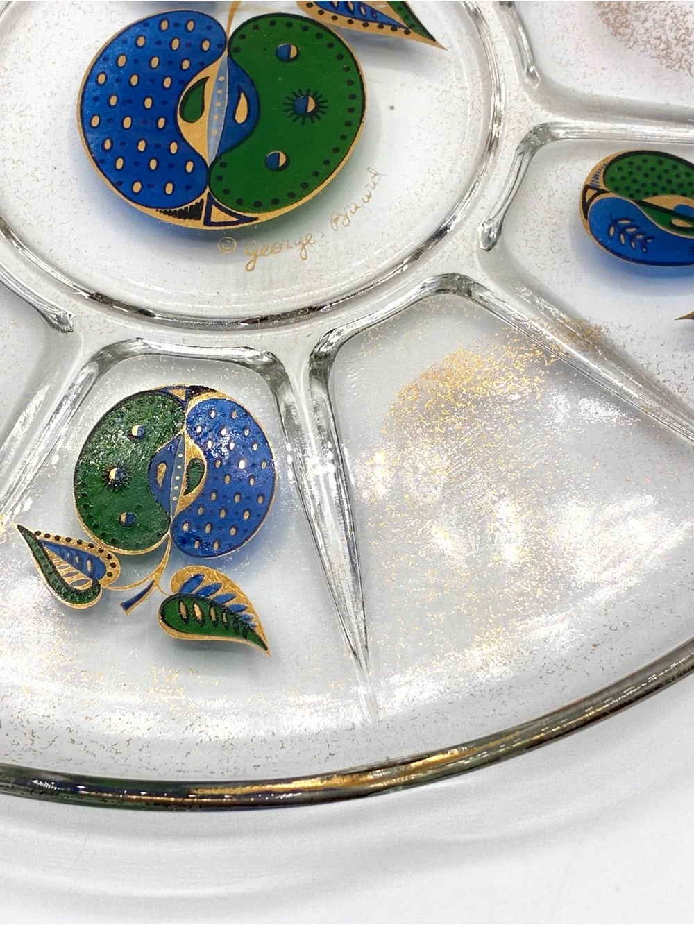 Vintage Georges Briard Divided Glass Serving Tray Gold Blue Green Fruit MCM